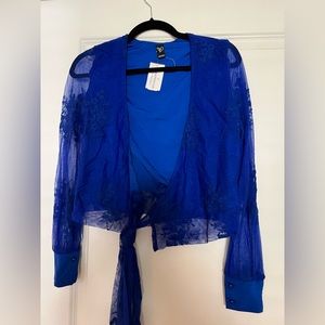 S blue windsor wrap around top
